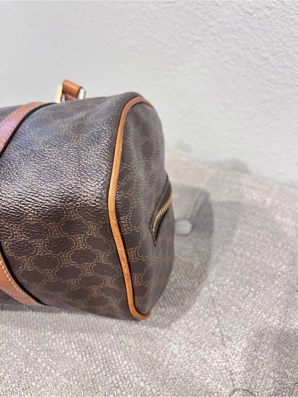 CELINE BROWN MACADAM COATED CANVAS BOSTON BAG